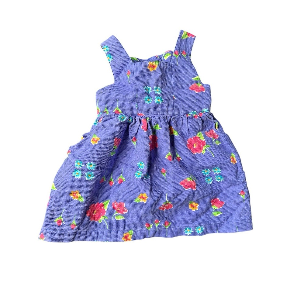 VTG OshKosh Girls Overall Pinafore Dress Purple Spring Floral Waffle Weave Sz 2T